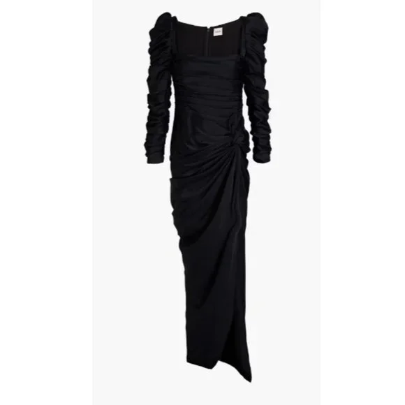 Khaite Shawna Ruched Satin Crepe Midi Dress Black High Slit Square Neckline - Picture 2 of 15